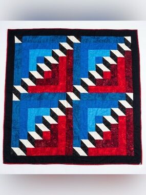 Handmade Log Cabin Quilt Throw 53x54 Blue Red